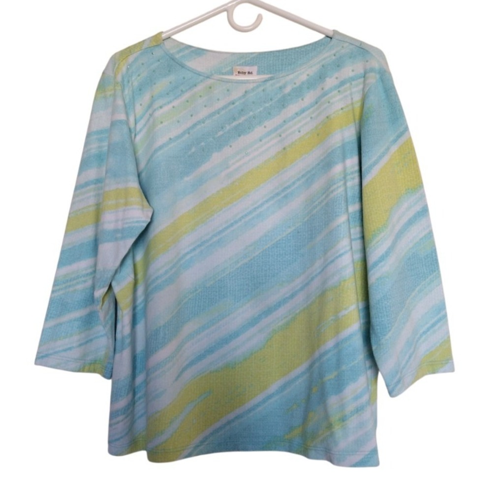 Ruby Rd Favorites Blouse Woman's XL Blue Yellow 3/4 Sleeve Beaded Boat‎ Neck